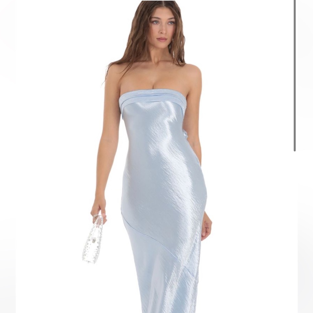 Strapless Satin Open Back Maxi Dress in Light Blue